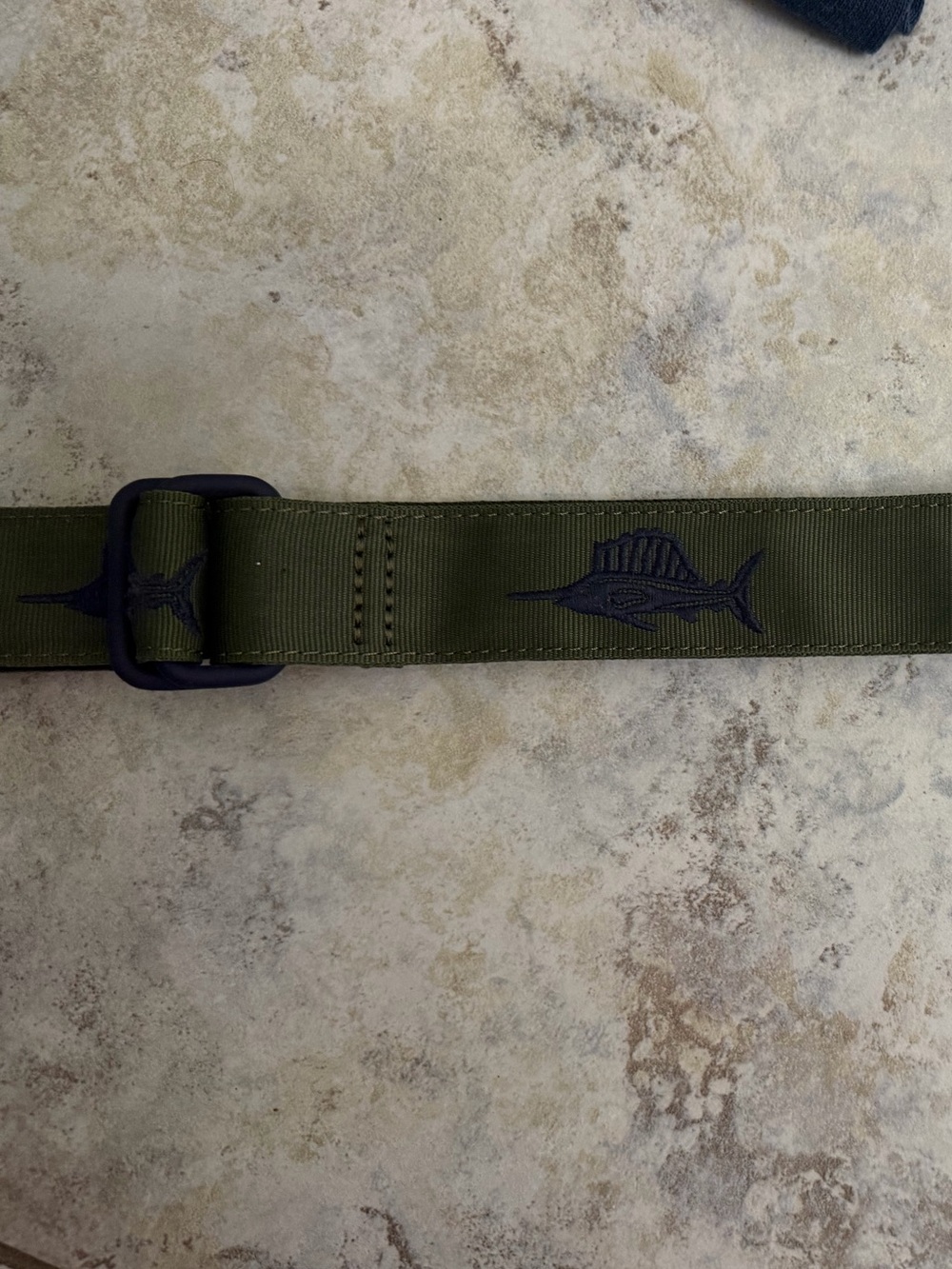 Vineyard Vines Olive Green Ribbon Belt with Navy Marlin Embroidery